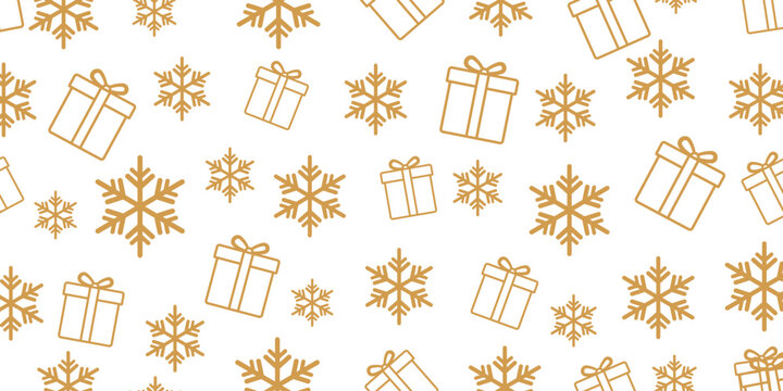 Elegant seamless Christmas and winter pattern featuring golden-brown outline icons of gift boxes and stylized snowflakes scattered randomly on a plain white background.