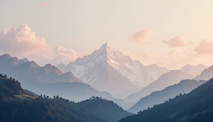 pastel mountain landscape, creamy sky with blush tones, faded sunlight, soft airy