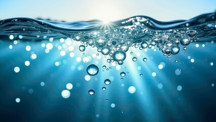 The natural abstract scene of underwater beam waves with bubbles