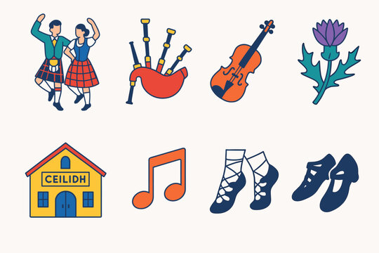 Burns Night Icons. Burns Night Traditional Dancing flat icons set. Scottish dancers, bagpipes, tartan kilts, fiddle, thistle flower, ceilidh hall, music notes, dancing shoes