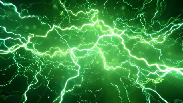 Vibrant green electrical lightning bolts and energy discharge creating a powerful and dynamic abstract background.