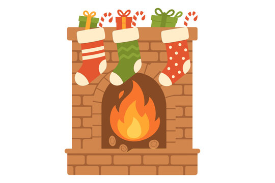 Cozy Christmas Fireplace. Cozy fireplace with stockings hanging above, filled with small gifts and candy canes. The fire crackles merrily, spreading warmth and. Vector illustration