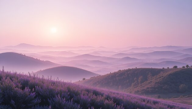 pastel soft nature landscape with rolling hills, light pink and lavender tones, dreamy