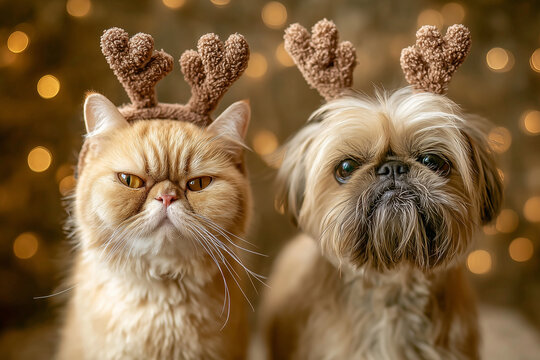 Exotic Shorthair cat and Brussels Griffon dog wearing reindeer antlers