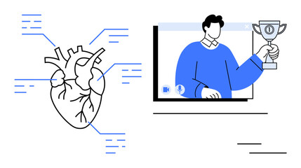 Human heart diagram with connecting digital lines and a person holding a trophy on a virtual video meeting. Ideal for health, technology, virtual events, achievements, education, science