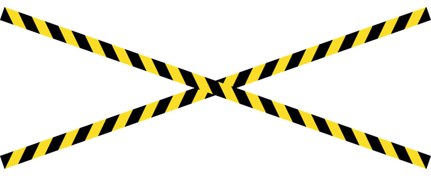 Two crossing diagonal caution tapes with black and yellow stripes on a white background surface, caution tape