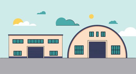 Fototapeta premium Simple flat design illustration of two different warehouse buildings with garage doors under a partly cloudy sky background.