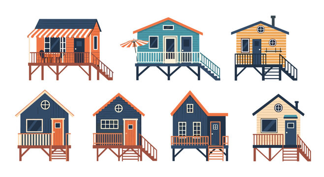 Collection of various colorful wooden beach houses or stilt houses in different designs and colors isolated on white background.