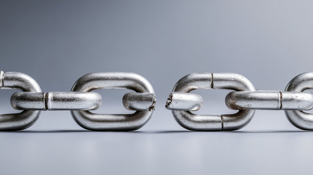 Broken chain links with disconnected ends, minimalist metal texture symbolizing separation. wellbeing guides.