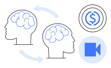 Two brains interconnected by arrows signify knowledge sharing, alongside a dollar sign and camera icon. Ideal for collaboration, education, innovation, connectivity, communication, virtual tools