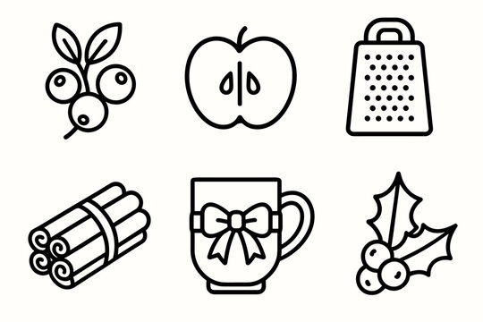Festive Icon Set. Festive Flavor linear icon set. cranberry sprig, apple slice, nutmeg grater, cinnamon bundle, ribboned mug, holly leaf