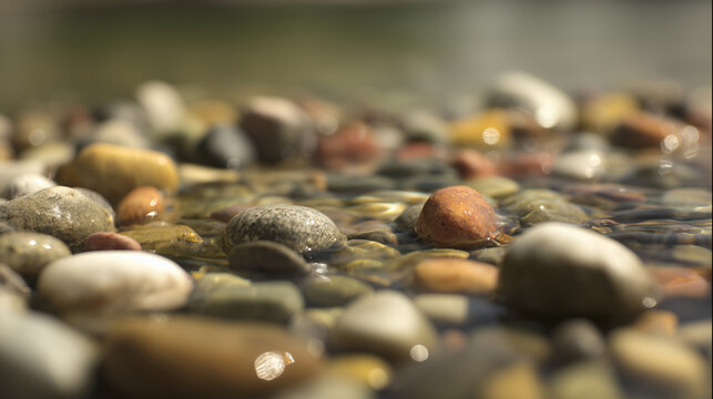 Colorful pebbles on a riverbed under clear shallow water with sunlight refraction. ESG reports, sustainability campaigns, designed for environmental awareness campaigns.