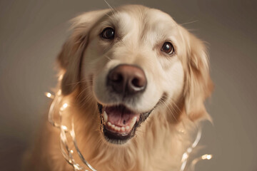Golden Retriever with Christmas lights around neck
