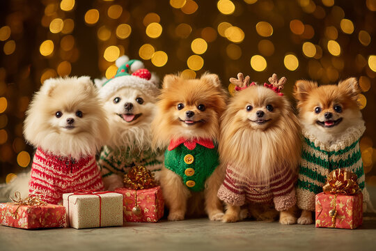 Group of Pomeranians in Christmas sweaters with gifts - Powered by Adobe
