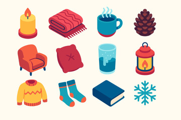 Cozy Winter Essentials. Winter Home Serenity flat icons set. candle, blanket, steaming mug, pinecone, cozy chair, pillow, frosted glass, lantern glow, warm sweater, socks, book
