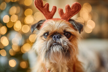 Brussels Griffon dog wearing reindeer antlers