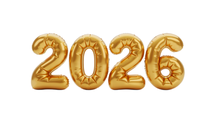 Golden balloons forming the number 2026 isolated on transparent background isolated on transparent background