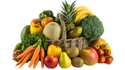 Basket full of fresh fruits and vegetables isolated on white isolated on transparent background
