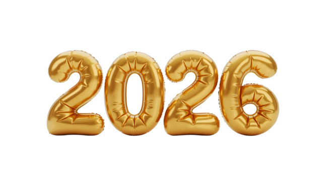 Golden balloons forming the number 2026 isolated on transparent background isolated on transparent background