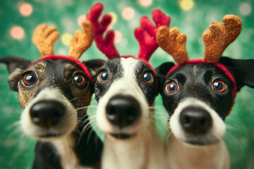 Three Jack Russell Terriers wearing reindeer antlers