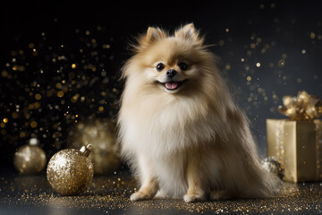 Pomeranian dog posing with golden Christmas decorations