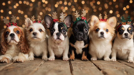Group of small dogs in Christmas accessories