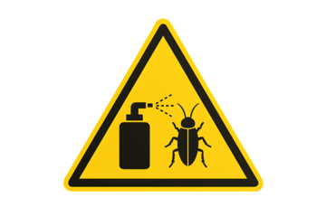 Yellow triangular pest control warning sign with insect and spray bottle symbol isolated on white background representing hazard caution and chemical disinfection safety concept design