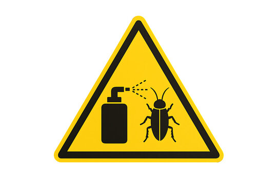 Yellow triangular pest control warning sign with insect and spray bottle symbol isolated on white background representing hazard caution and chemical disinfection safety concept design