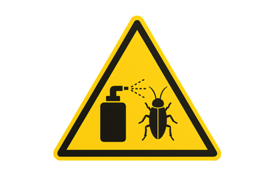 Yellow triangular pest control warning sign with insect and spray bottle symbol isolated on white background representing hazard caution and chemical disinfection safety concept design