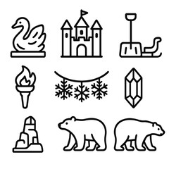 Ice Festival Icons. Ice Festival linear icon set. ice sculpture, frozen castle, snow shovel, sled, torch flame, snowflake garland, crystal, polar bear