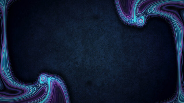 Dark Navy Blue Background with Vibrant Neon Swirls and Psychedelic Fluid Art Corners for Modern Technology and Futuristic Graphic Design