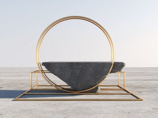 A stone platform within golden geometric shapes. Clean, minimalist aesthetic, bright backdrop