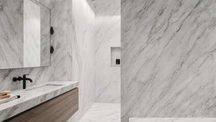 Modern Luxury Bathroom with Marble Walls and Sleek Fixtures.