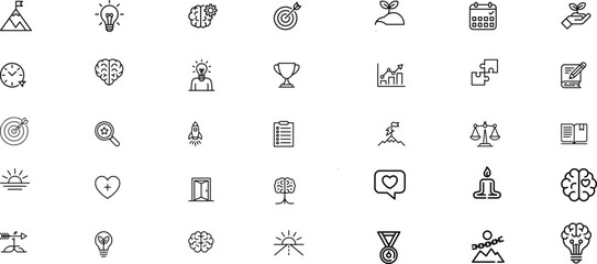Personal Growth Line Icons Set, Mindset Development, Motivation, Success, Goal Achievement, Productivity, Self Improvement
