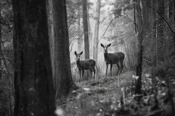 Two deers standing on the walking track between the green forest.