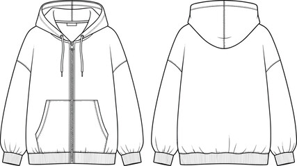 Technical fashion flat sketch of oversized zippered hooded sweatshirt with rib cuffs and hem, front and back view, apparel template vector blueprint.