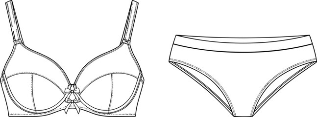 Technical flat sketch of underwired plunge bra and classic bikini panties, detailed lingerie blueprint vector template, apparel design, and fashion illustration.Technical flat sketch of underwired,