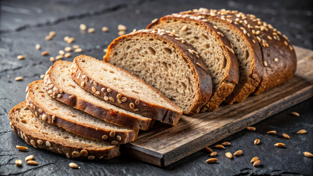 Sliced polish rye bread on wooden board is ready to serve, presented on dark surface, ready for meal. Nutritious polish rye bread includes healthy whole grains.