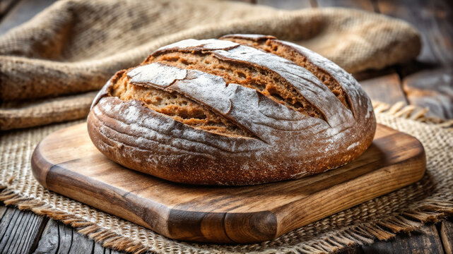Fresh loaf of traditional Polish rye bread on wooden board, traditional Polish rye bread. Whole loaf is a culinary delight that represents Polish baking heritage.