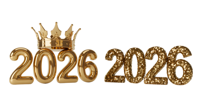 Golden 2026 numbers with a crown isolated on transparent background isolated on transparent background