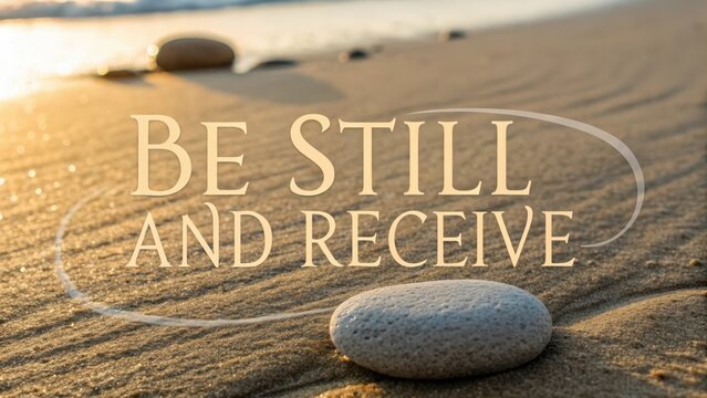 Smooth stone on sandy beach next to inspirational text