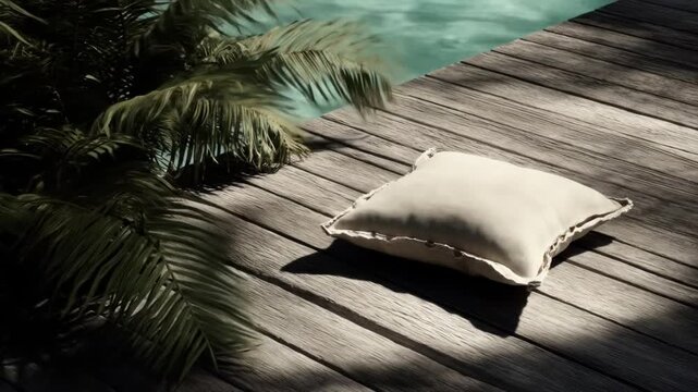 A sunlit scene with a pillow on wooden decking next to turquoise water and a palm frond