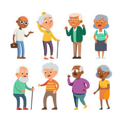 A diverse collection of elderly cartoon characters men and women in various poses and activities.
