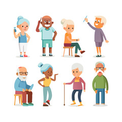 A diverse collection of elderly cartoon characters men and women in various poses and activities.
