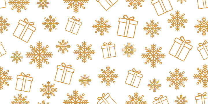 Elegant seamless Christmas and winter pattern featuring golden-brown outline icons of gift boxes and stylized snowflakes scattered randomly on a plain white background.