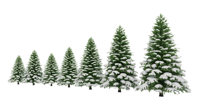 Row of snowy christmas trees isolated on transparent background isolated on transparent background