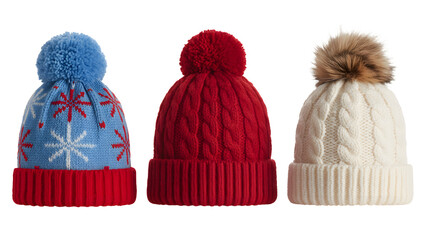 Three knitted winter hats isolated on transparent background isolated on transparent background