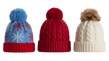 Three knitted winter hats isolated on transparent background isolated on transparent background