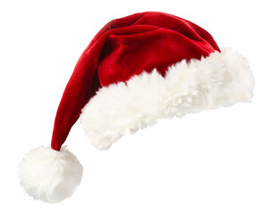 A classic red Santa hat with white fur trim and a fluffy pom-pom.
