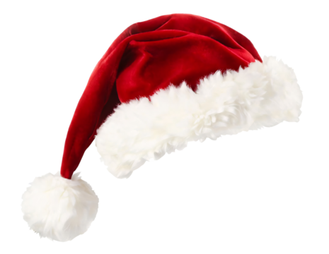 A classic red Santa hat with white fur trim and a fluffy pom-pom.